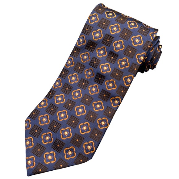 BOSS Hugo Boss Tie Mens Blue Gold Brown Geometric Art Silk‎ Luxury Necktie Italy - Picture 2 of 4